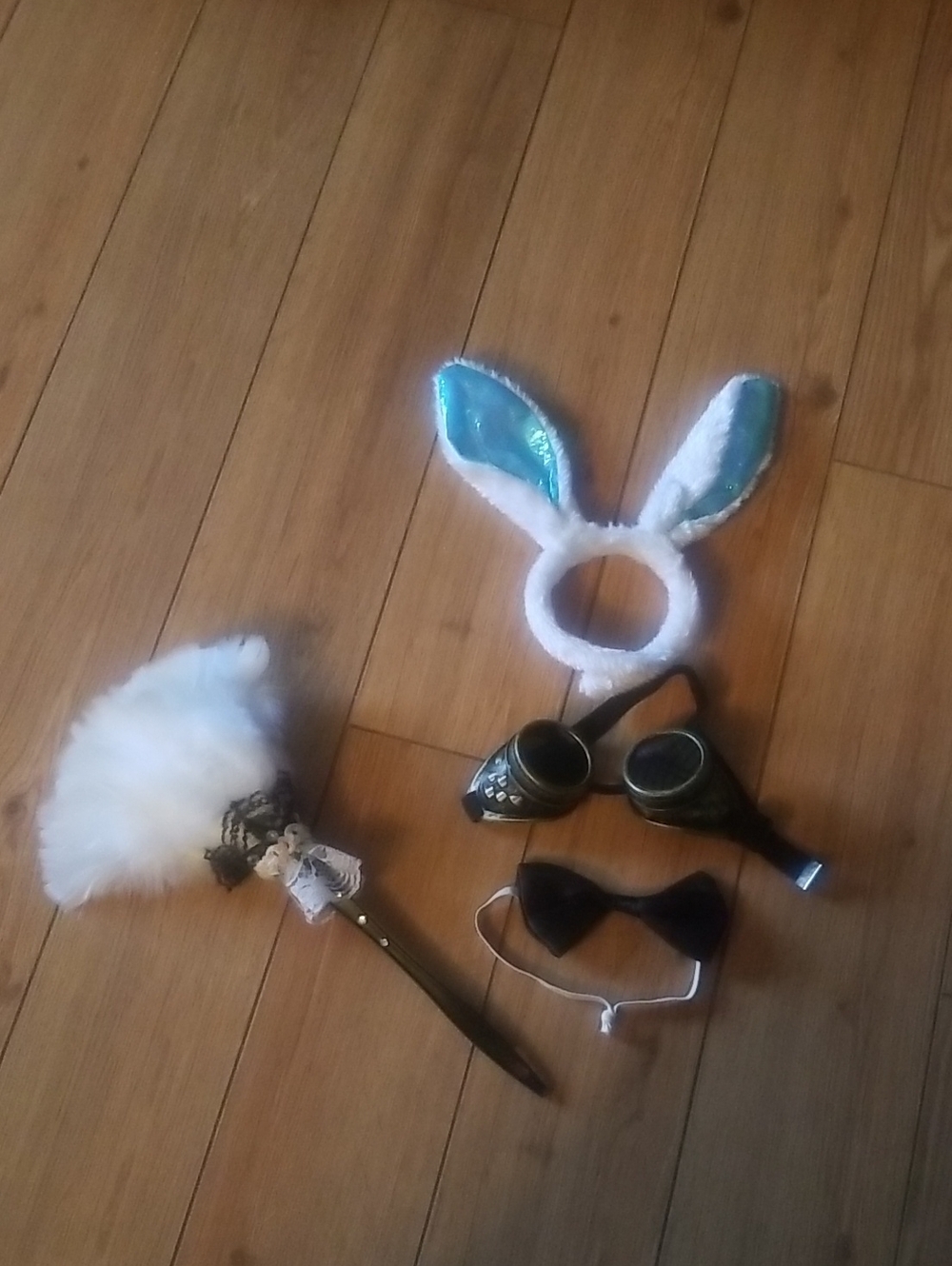 Plush Bunny Ear Headband - White and Teal Adult Dust Bunny Costume+ Nose